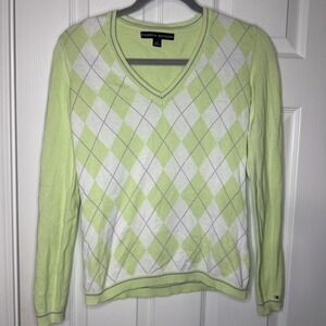 Tommy Hilfiger Argyle V-Neck Sweater - Green/White - Size S/P  Preppy